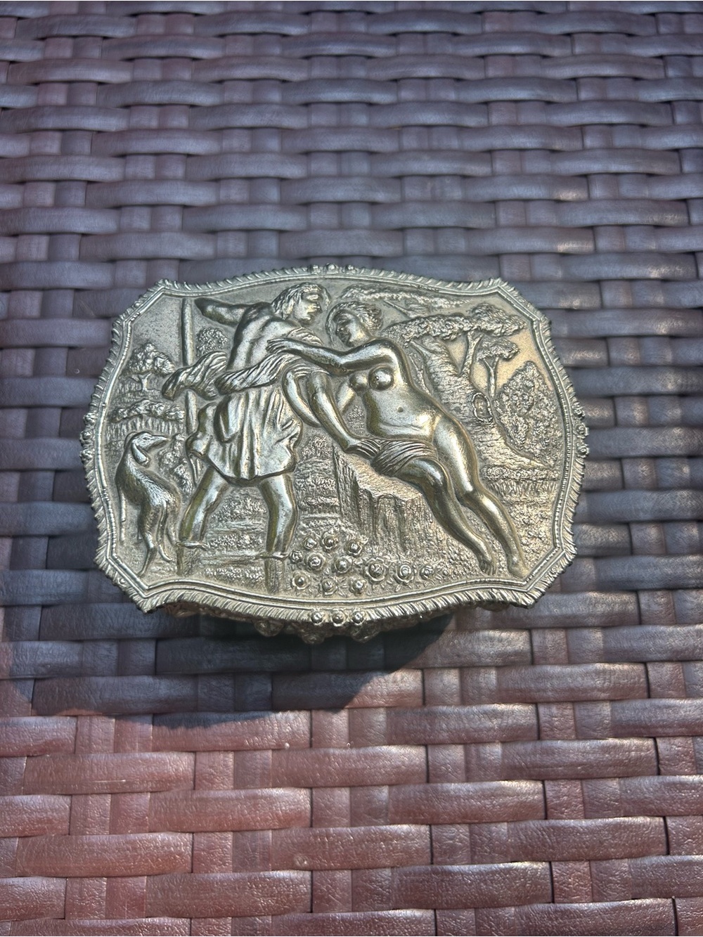 Vintage Jewelry Trinket Box Floral and Nudes silver metal, footed, lined, heavy - Picture 3 of 10